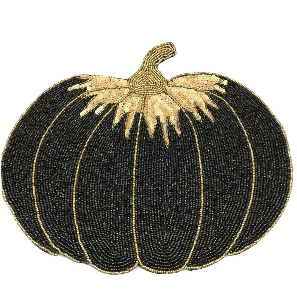 x4 Nicole Miller Halloween Beaded Pumpkin Placemat Set Black Gold Designer Decor